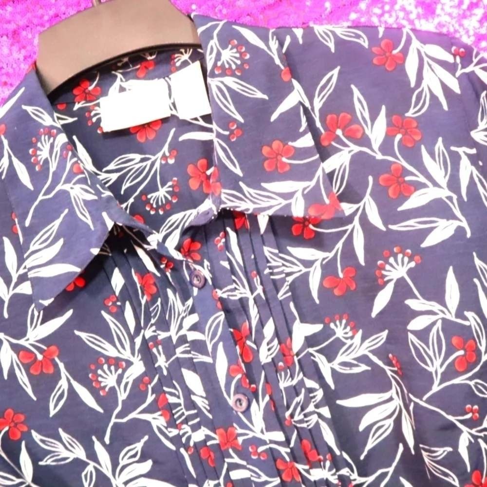 Navy Floral Blouse 16W Alfred Dunner Women Pleated Front Short Sleeve Top - Picture 11 of 11